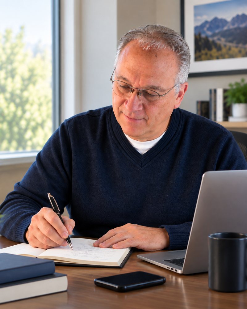 Murray Arenson at his desk, writing in a notebook beside a laptop